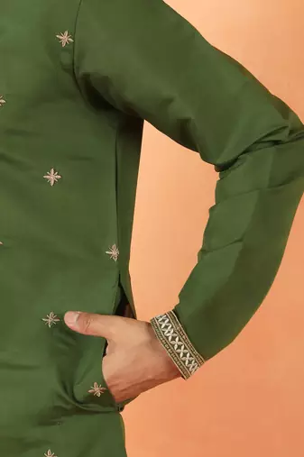 Cotton silk yoke design embroidered green kurta