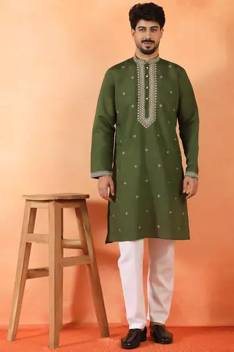 Cotton silk yoke design embroidered green kurta