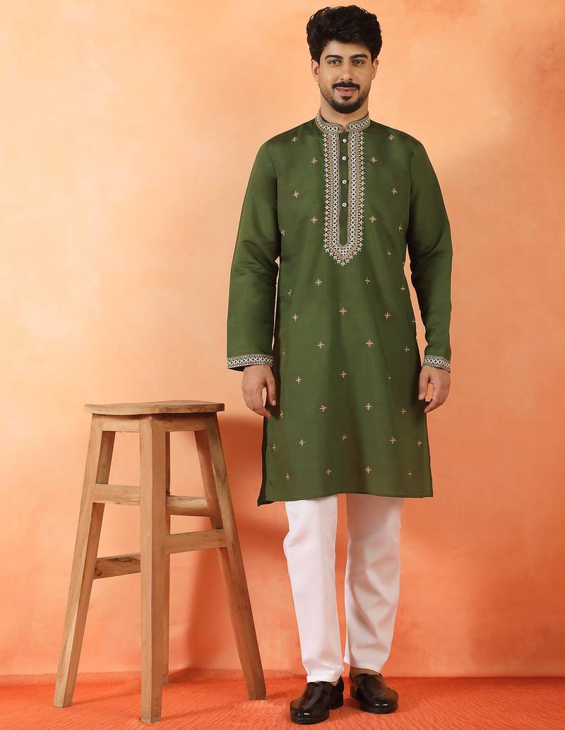Cotton silk yoke design embroidered green kurta