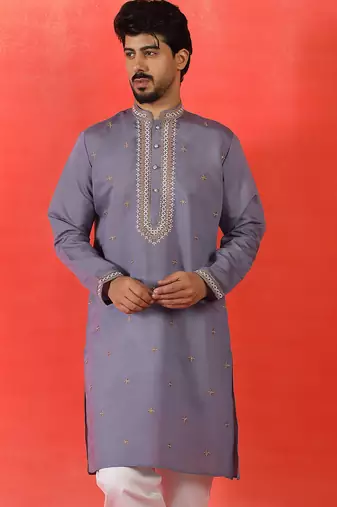 Cotton silk yoke design embroidered purple kurta