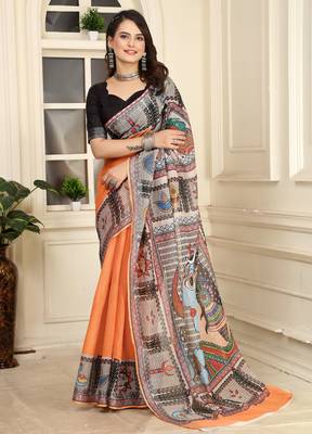 orange cotton blend digital print saree (sfcl240) 1