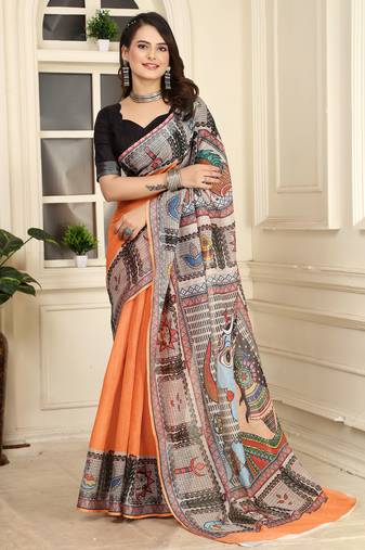 orange cotton blend digital print saree