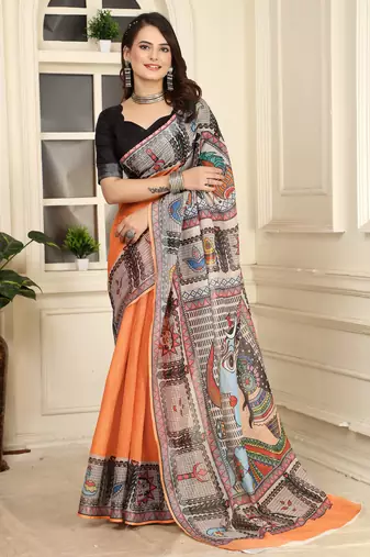 orange cotton blend digital print saree