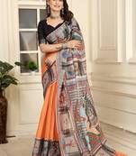 orange cotton blend digital print saree (sfcl240)