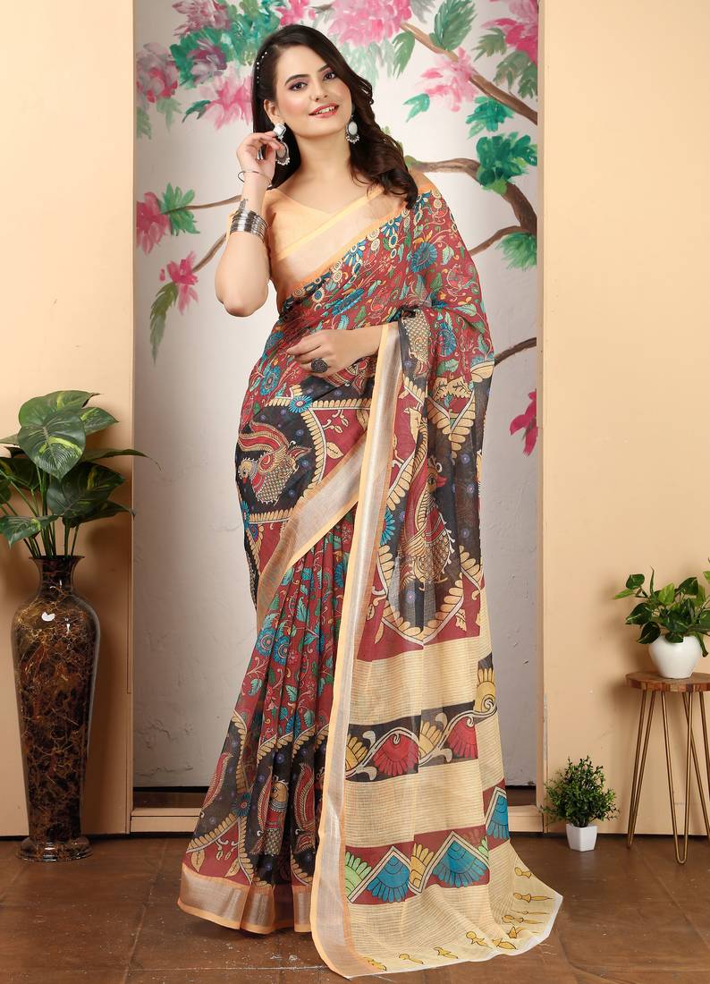 cotton blend saree with geometric floral print