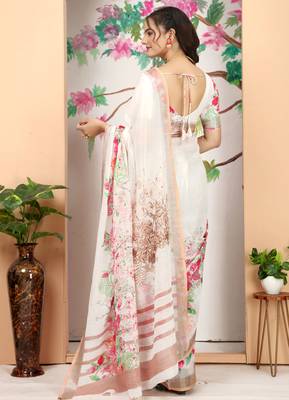 white cream cotton blend digital print saree 4