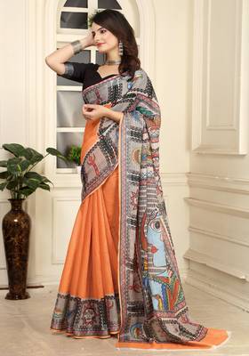 orange cotton blend digital print saree (sfcl240) 2