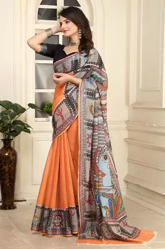 orange cotton blend digital print saree