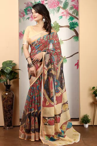 cotton blend saree with geometric floral print