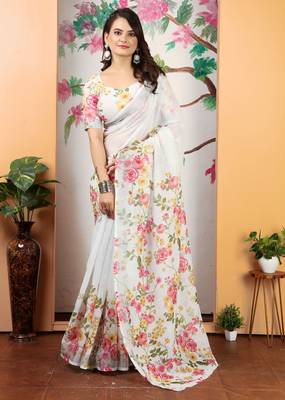 white pink cotton blend digital print saree 1