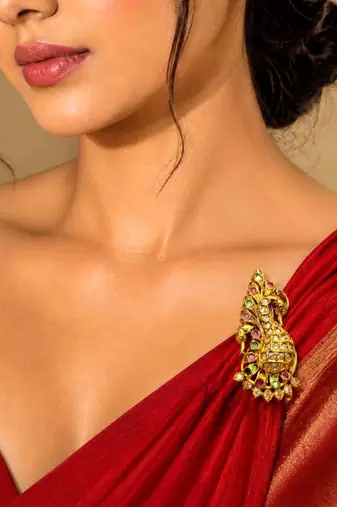 Gold Tone Peacock Saree Brooch, Indian Bridal Jewelry, Colorful Stone Accents
