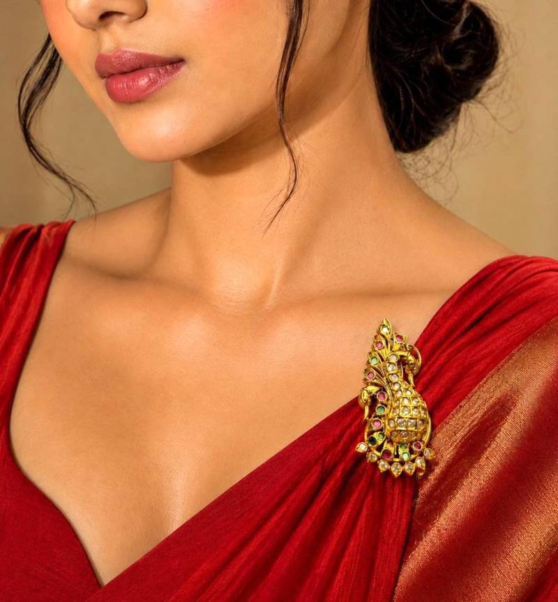 Gold Tone Peacock Saree Brooch, Indian Bridal Jewelry, Colorful Stone Accents