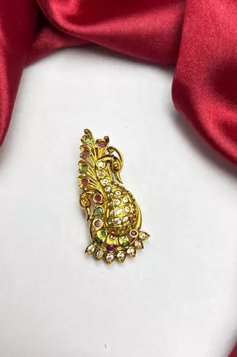 Gold Tone Peacock Saree Brooch, Indian Bridal Jewelry, Colorful Stone Accents