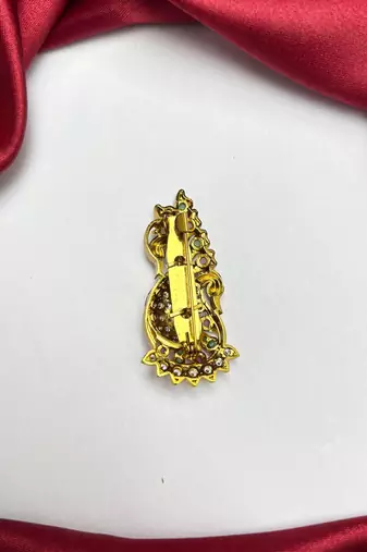 Gold Tone Peacock Saree Brooch, Indian Bridal Jewelry, Colorful Stone Accents