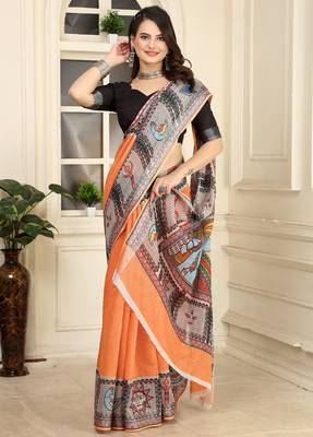 orange cotton blend digital print saree (sfcl240) 3