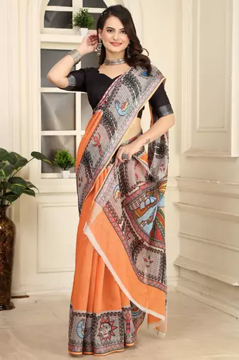 orange cotton blend digital print saree