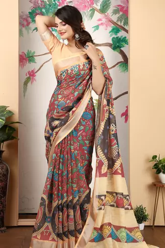 cotton blend saree with geometric floral print
