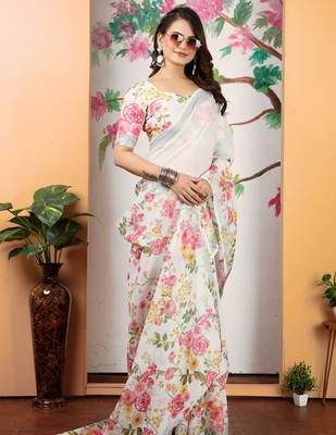 white pink cotton blend digital print saree 2