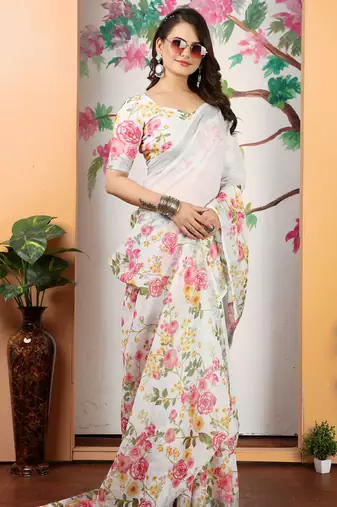 white pink cotton blend digital print saree