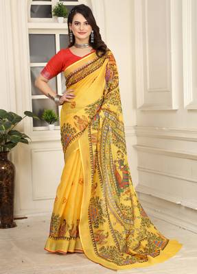 yellow cotton blend digital print saree (sfcl233) 1