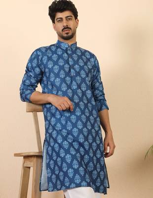 Ethnic motifs jaipuri printed 100% cotton blue kurta 1