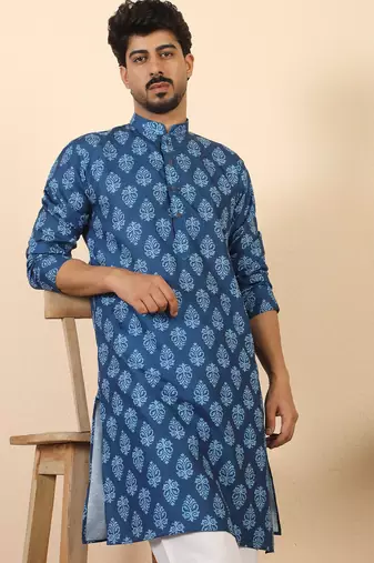 Ethnic motifs jaipuri printed 100% cotton blue kurta