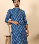Ethnic motifs jaipuri printed 100% cotton blue kurta