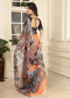 orange cotton blend digital print saree (sfcl240) 4