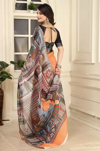 orange cotton blend digital print saree