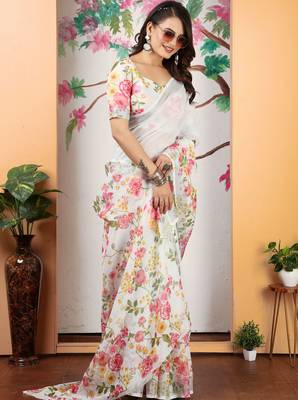 white pink cotton blend digital print saree 3