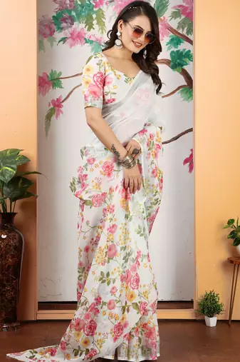 white pink cotton blend digital print saree