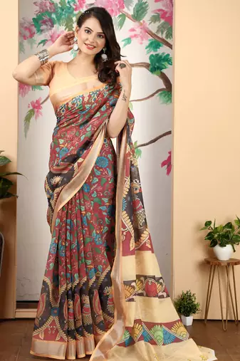 cotton blend saree with geometric floral print