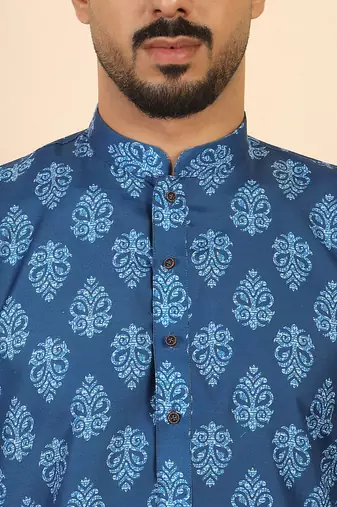 Ethnic motifs jaipuri printed 100% cotton blue kurta