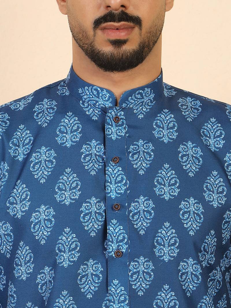 Ethnic motifs jaipuri printed 100% cotton blue kurta