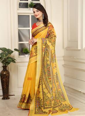 yellow cotton blend digital print saree (sfcl233) 2
