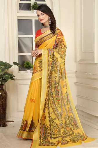 yellow cotton blend digital print saree