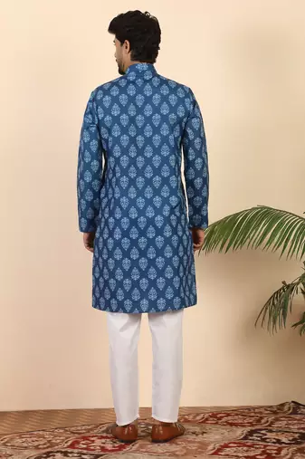Ethnic motifs jaipuri printed 100% cotton blue kurta