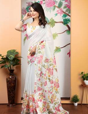 white pink cotton blend digital print saree 4
