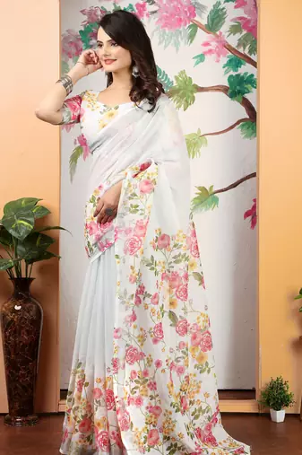 white pink cotton blend digital print saree