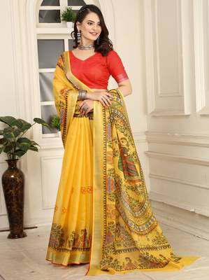 yellow cotton blend digital print saree (sfcl233) 3