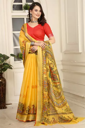 yellow cotton blend digital print saree