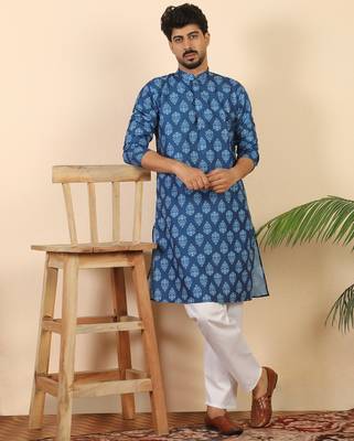 Ethnic motifs jaipuri printed 100% cotton blue kurta 4