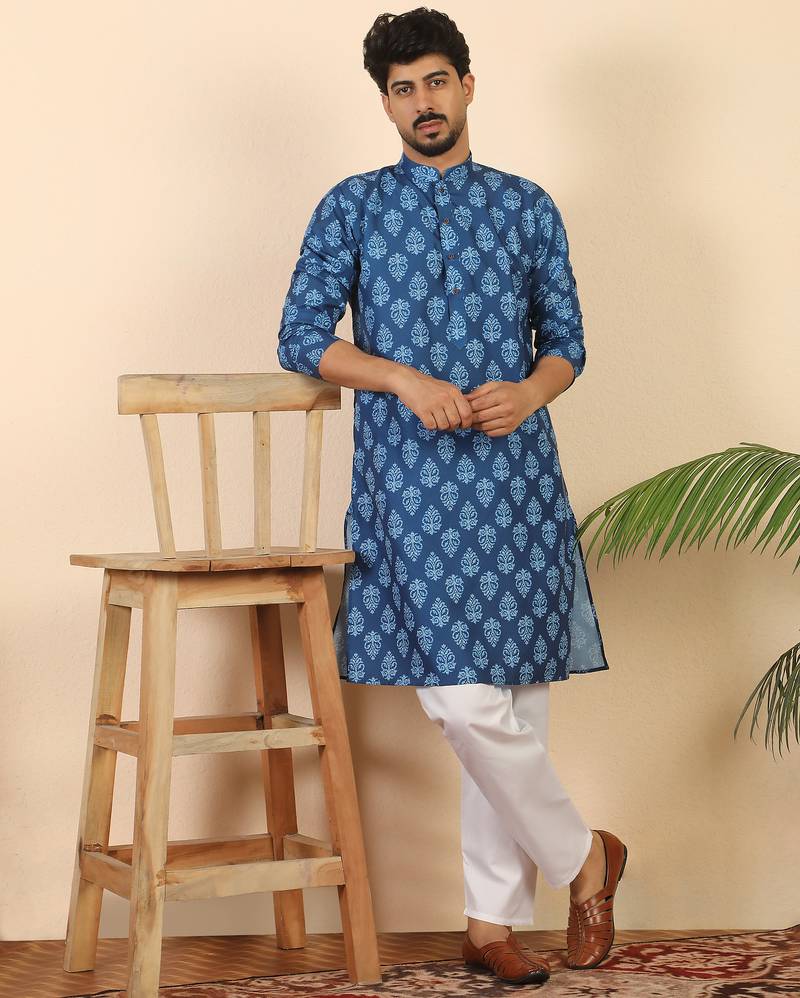 Ethnic motifs jaipuri printed 100% cotton blue kurta