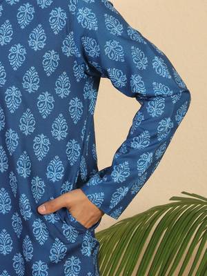 Ethnic motifs jaipuri printed 100% cotton blue kurta 5