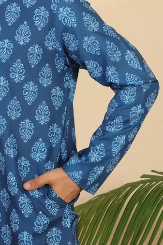 Ethnic motifs jaipuri printed 100% cotton blue kurta