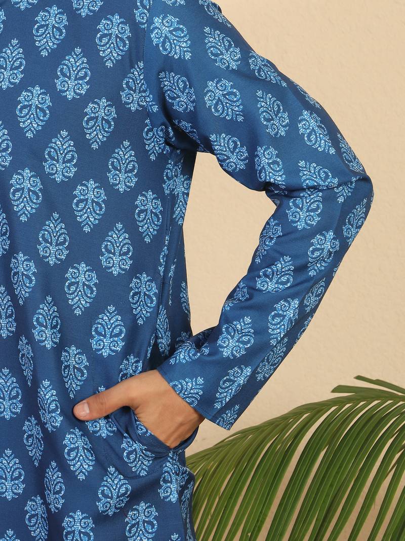 Ethnic motifs jaipuri printed 100% cotton blue kurta