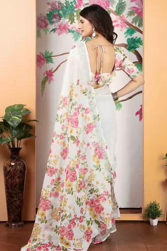white pink cotton blend digital print saree
