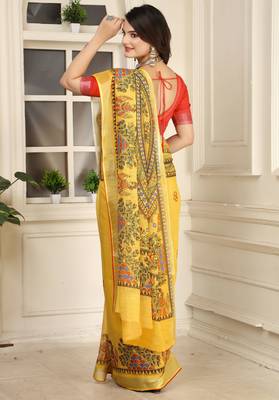 yellow cotton blend digital print saree (sfcl233) 4