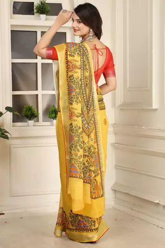 yellow cotton blend digital print saree