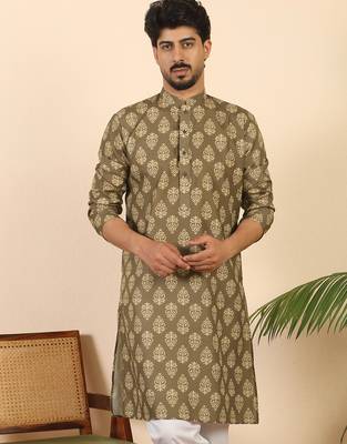 Ethnic motifs jaipuri printed cotton brown kurta 1